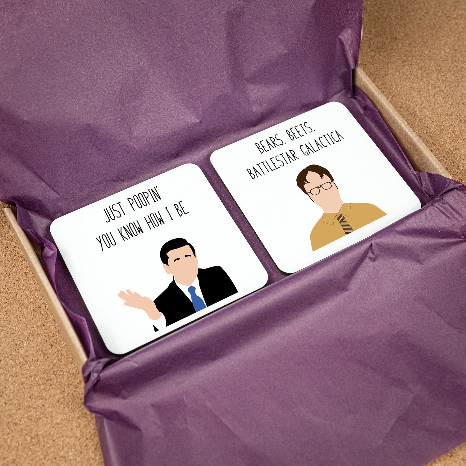 2 Aluminium coasters with The Office design in a craft pack