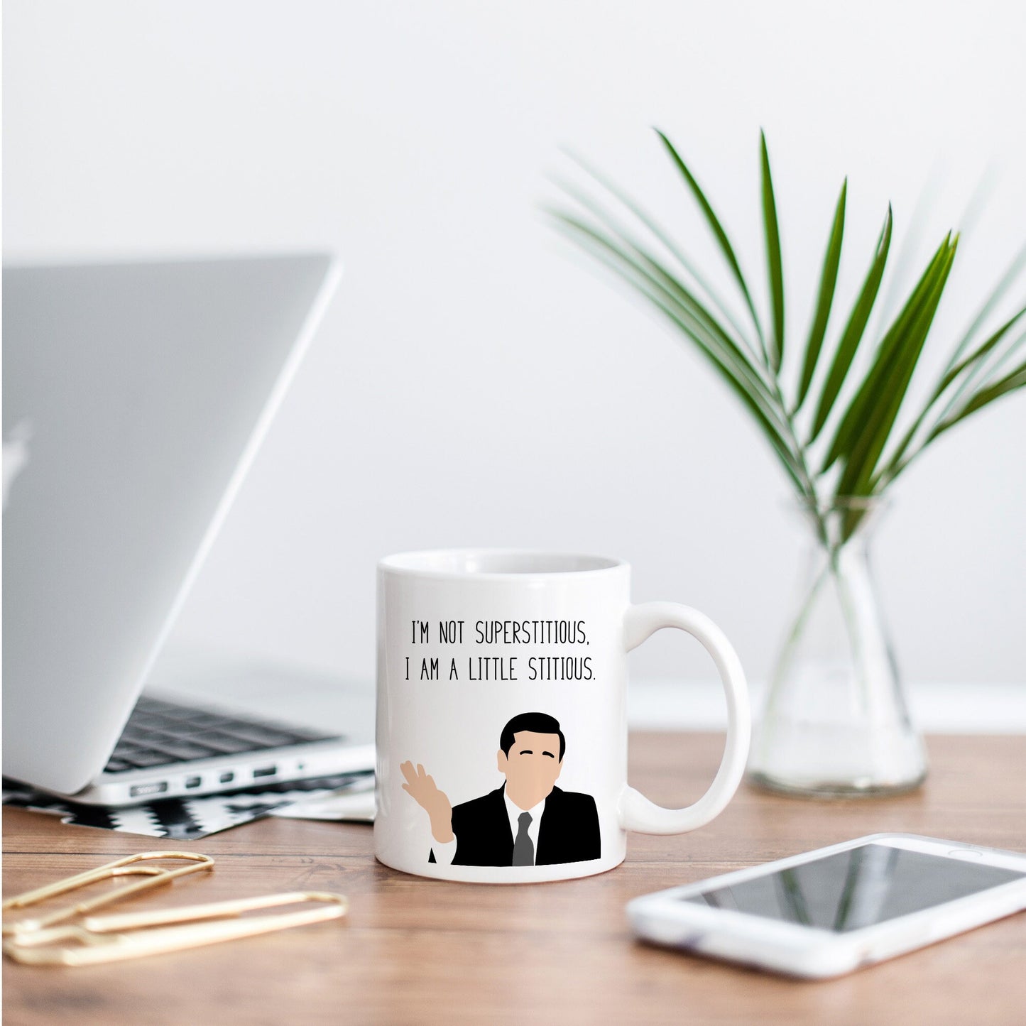 Michael Scott " Little Stitious " Quote Mug